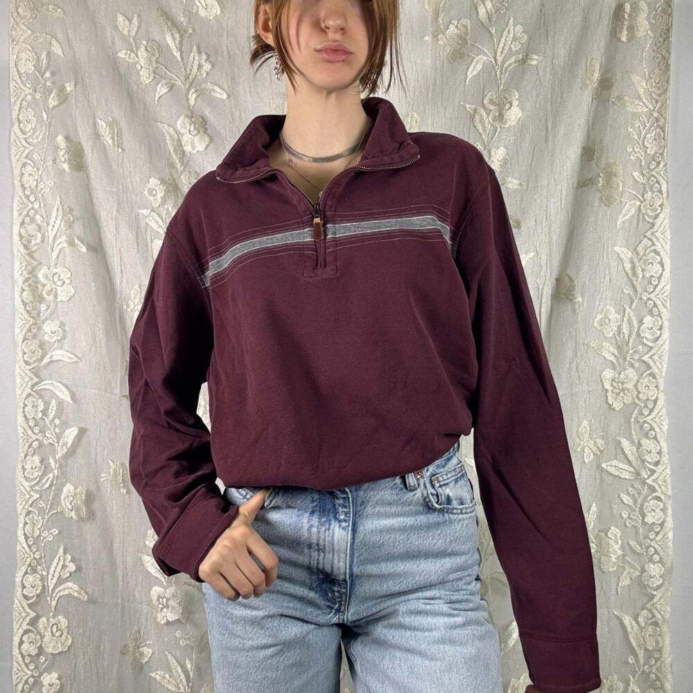 Vintage Banana Republic Burgundy Quarter Zip Pullover Sweatshirt Grey Stripe